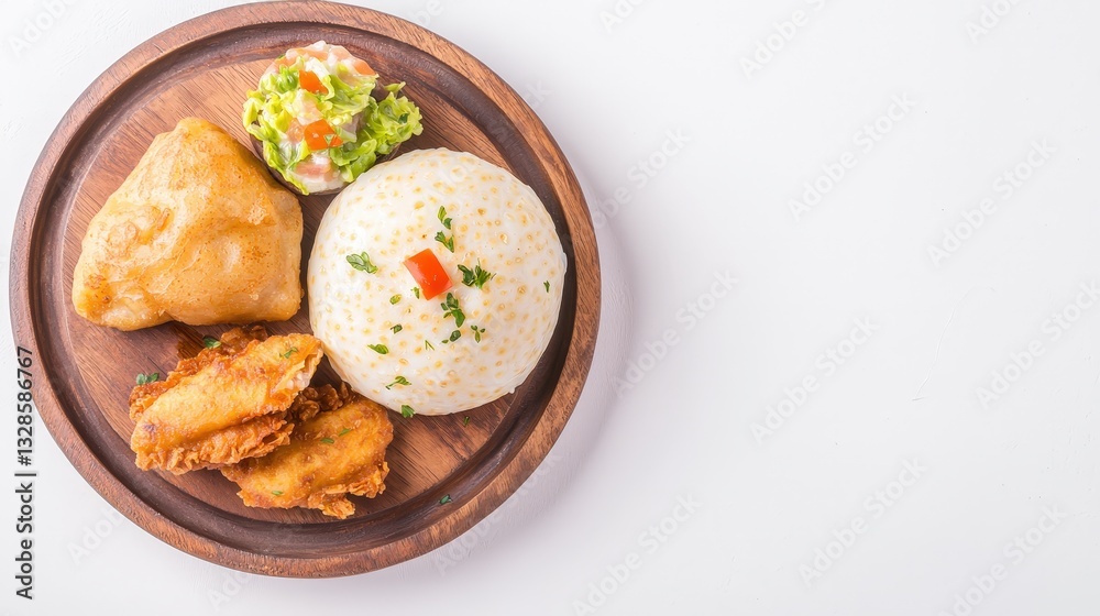 Traditional tanzanian ugali served with fried fish on a rustic wooden plate against a white background Traditional tanzanian ugali served with fried fish on a rustic wooden plate against a white background