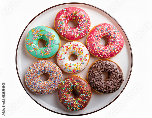 delicious donuts on a white plate, assorted donut with colorful toppings, isolated on white background, top view
