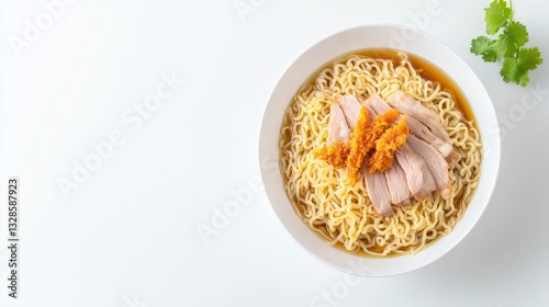 Delightful bowl of sukhothai noodles with chicken in a light and flavorful broth on a wooden table