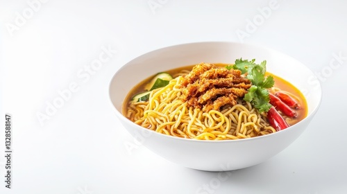 Colorful bowl of sukhothai noodles with fresh vegetables in a light and flavorful broth on a wooden surface