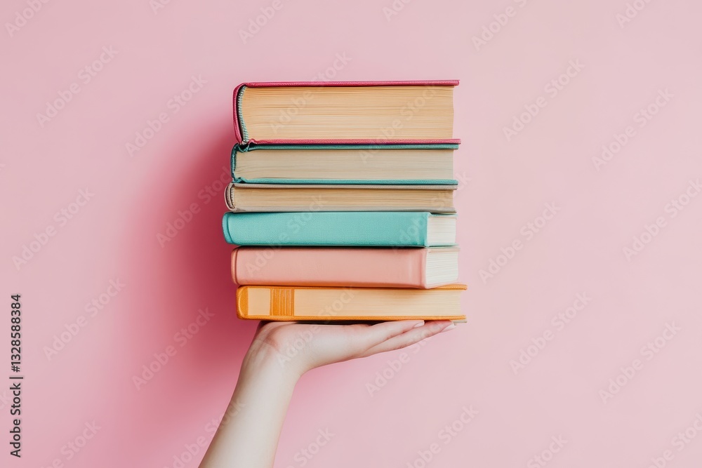 Fototapeta premium A hand holds a stack of colorful books against a soft pink background.