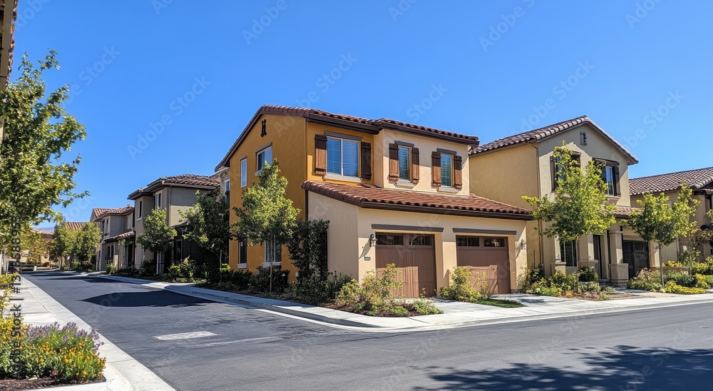Obraz premium Charming suburban neighborhood showcasing modern homes with vibrant architecture, clear blue sky, and lush landscaping on a serene day