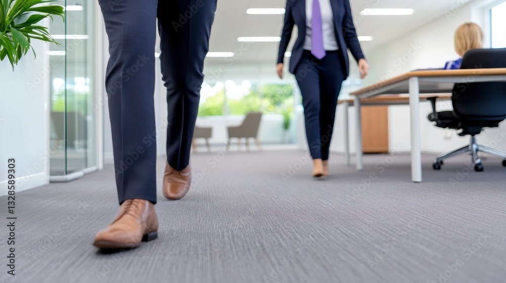 Businesspeople walking in modern office, focus on feet and legs, light brown shoes, gray carpet, blurred background, professional attire Businesspeople walking in modern office, focus on feet and legs, light brown shoes, gray carpet, blurred background, professional attire