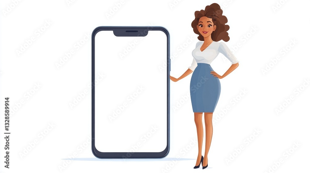 Businesswoman standing next to a giant smartphone, blank screen, concept for technology and digital communication. Businesswoman standing next to a giant smartphone, blank screen, concept for technology and digital communication.