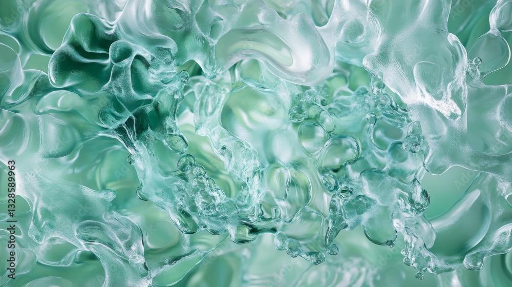 Microscopic neurotransmitter release, crystalline emerald structures, pearlescent cell membrane, translucent biological forms, abstract medical illustration, mint green atmospheric background, fluid Microscopic neurotransmitter release, crystalline emerald structures, pearlescent cell membrane, translucent biological forms, abstract medical illustration, mint green atmospheric background, fluid