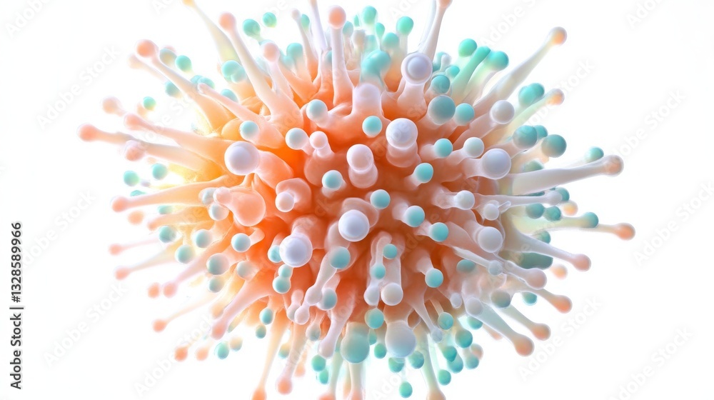 microscopic 3d render of viral structures in pastel colors, spherical microorganism with detailed protein spikes, luminous gradient effects, mint green and coral orange variations, transparent microscopic 3d render of viral structures in pastel colors, spherical microorganism with detailed protein spikes, luminous gradient effects, mint green and coral orange variations, transparent