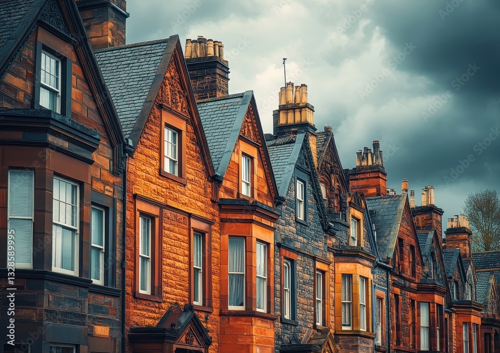 Fototapeta premium Charming Vintage Architecture of Row Houses with Intricate Rooflines and Stone Facades under Dramatic Cloudy Sky