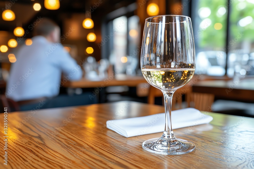 Obraz premium Wine Glass Filled with White Wine on Restaurant Table Close-up