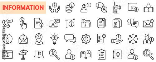 Information and Communication Line Icons Set – Data Sharing, Knowledge Transfer, Support, FAQ, Customer Service, Documentation, Network, Digital Information, Research