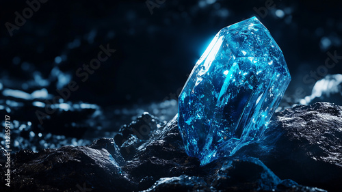 stunning blue zircon crystal on rocky surface