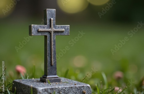 Silver cross stands solemnly on a small grave in a serene outdoor setting