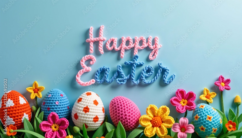 Happy Easter text with knitted eggs and crochet flowers on blue
