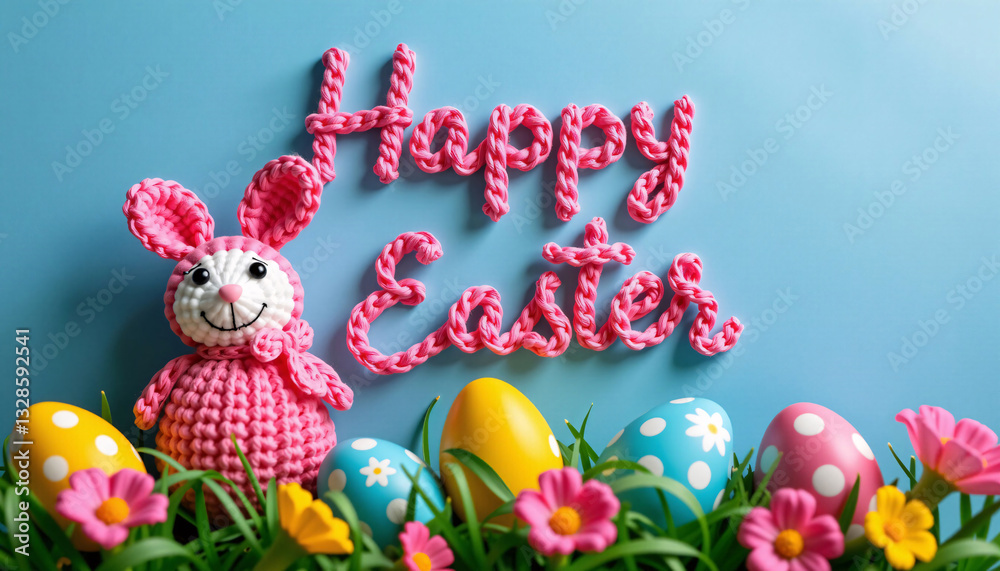 Knitted bunny with Happy Easter text, eggs, flowers on blue