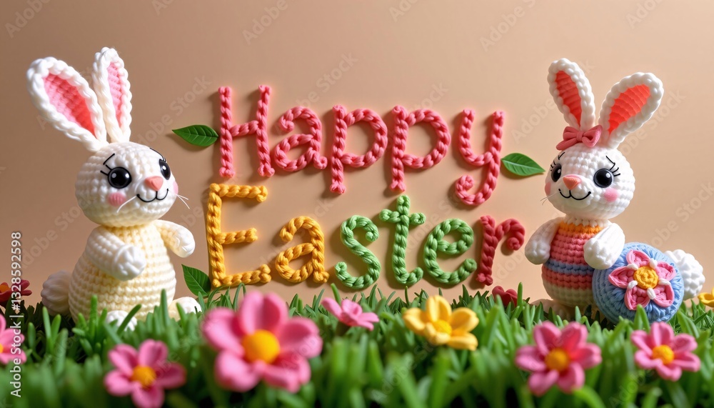 Knitted bunnies with Happy Easter text and flowers on beige