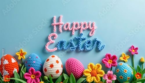 Obraz na płótnie Happy Easter text with knitted eggs and crochet flowers on blue w salonie
