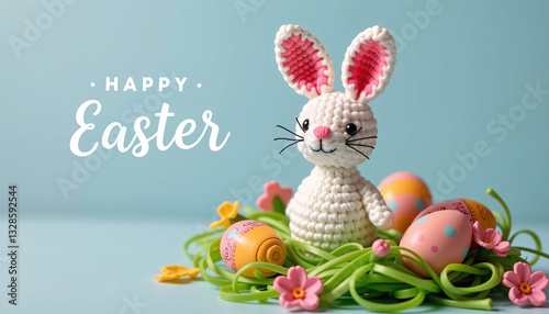 Obraz na płótnie Knitted bunny with Happy Easter text, eggs, flowers on blue w salonie
