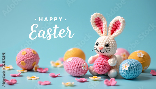 Knitted bunny with Happy Easter text, eggs, flowers on blue
