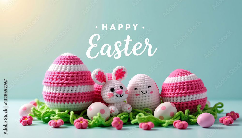 Knitted bunny with Happy Easter text, eggs, flowers on pastel