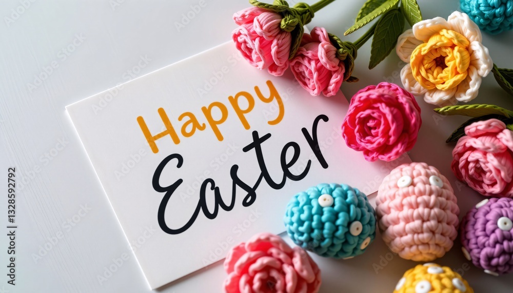 Happy Easter card with knitted eggs and crochet flowers