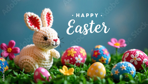 Knitted bunny with Happy Easter text, eggs, flowers on grass