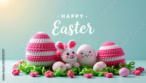 Obraz na płótnie Knitted bunny with Happy Easter text, eggs, flowers on pastel w salonie