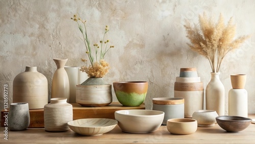 Wallpaper Mural Earthy toned ceramic vessels and dried floral arrangements displayed on a rustic wooden surface against a textured wall Torontodigital.ca