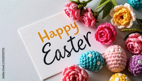 Obraz na płótnie Happy Easter card with knitted eggs and crochet flowers w salonie
