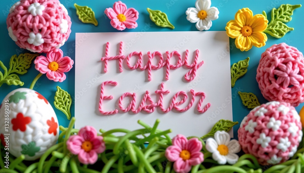 Happy Easter card with knitted eggs and crochet flowers on blue