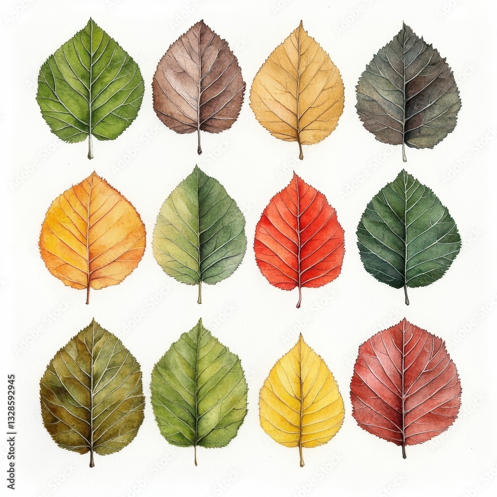 Obraz premium Flat lay of Fall Leaves Watercolor in Various Colors, Autumnal Concept, Isolated on White, Seasonal, Art, Botanical, Close up.