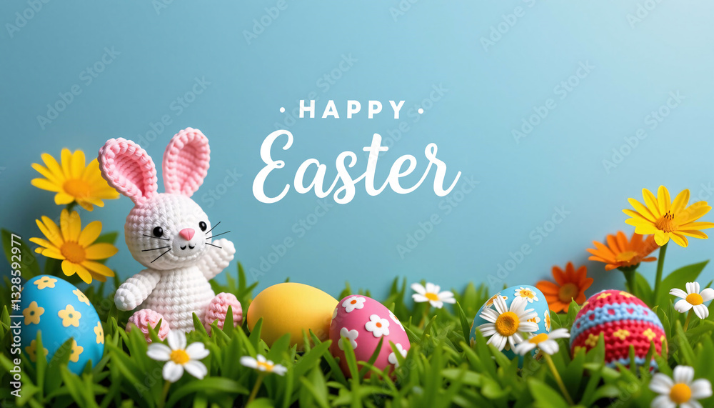 Knitted bunny with Happy Easter text, eggs, flowers on grass