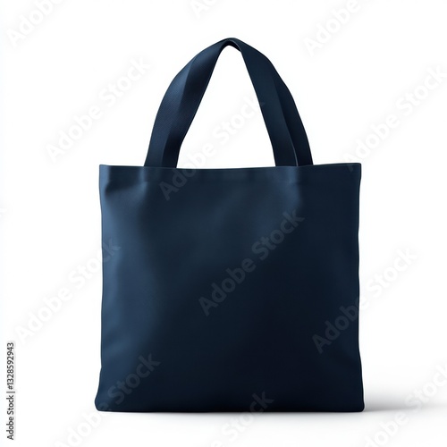 Front View Dark Blue Tote Bag Mockup, Blank Canvas Fabric, Eco Friendly, Shopping Bag, Isolated on White Background.