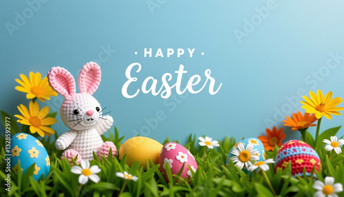 Obraz na płótnie Knitted bunny with Happy Easter text, eggs, flowers on grass w salonie