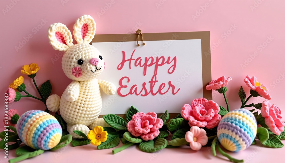 Happy Easter card with knitted bunny, eggs, and flowers