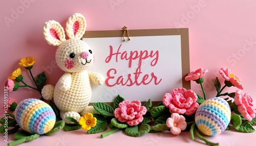 Obraz na płótnie Happy Easter card with knitted bunny, eggs, and flowers w salonie