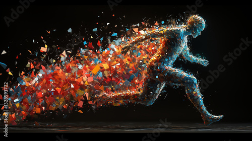 Human figure running with colorful fragmented particles dispersing from body against black background. Digital transformation concept for motion, speed, and technology evolution