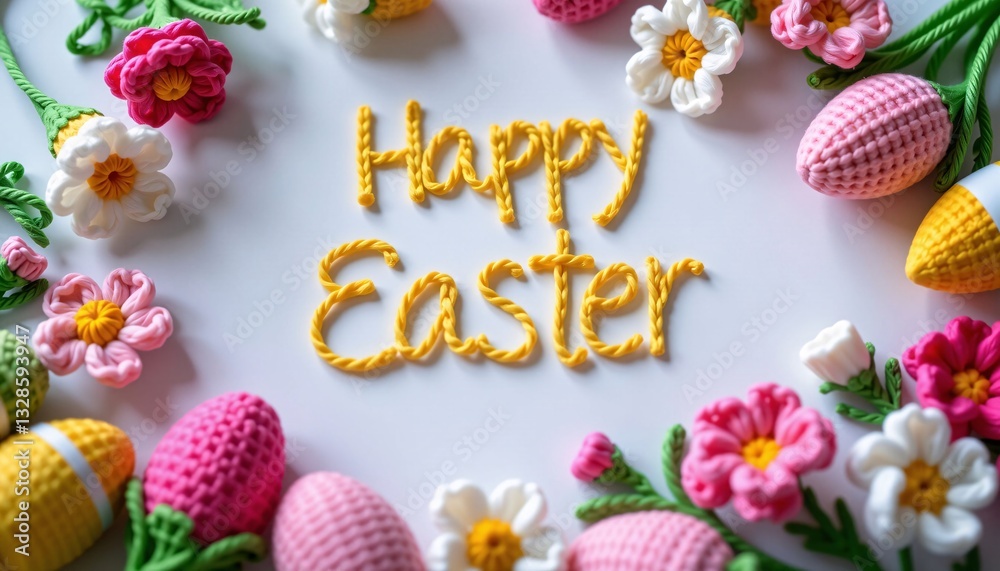Happy Easter Crochet Letters, Flowers, Eggs, White Background