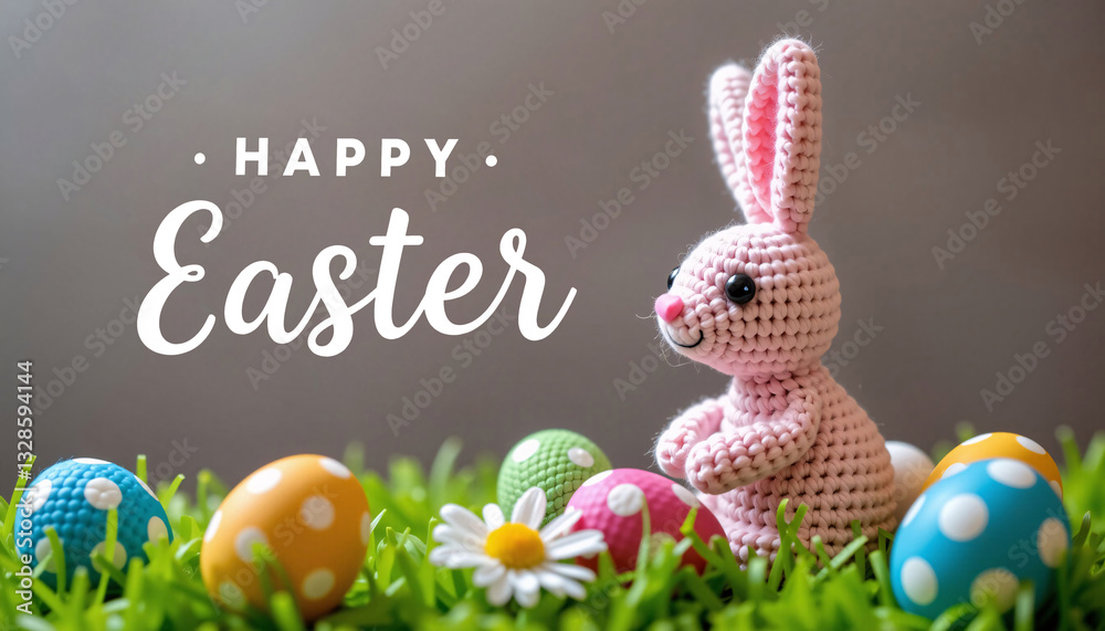 Happy Easter Crochet Bunny, Eggs, Grass, Spring
