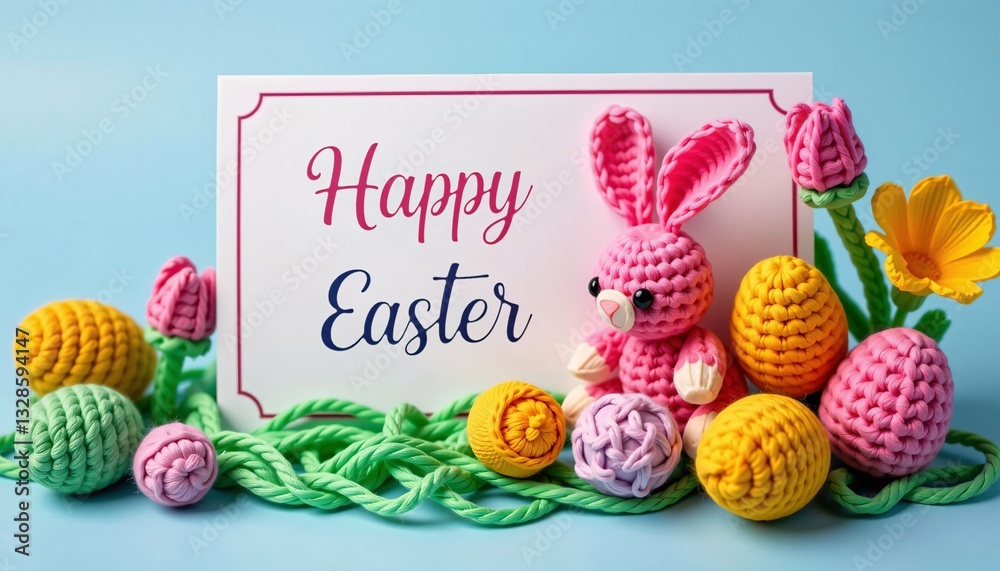 Happy Easter Card, Crochet Bunny, Eggs, Flowers, Spring