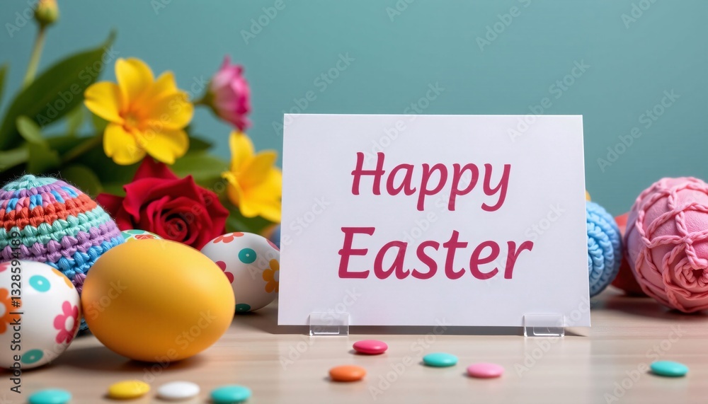 Happy Easter Card, Eggs, Flowers, Spring