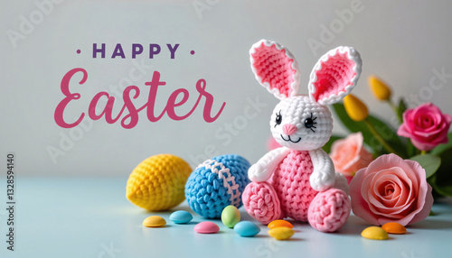 Happy Easter Crochet Bunny, Eggs, Flowers, Spring