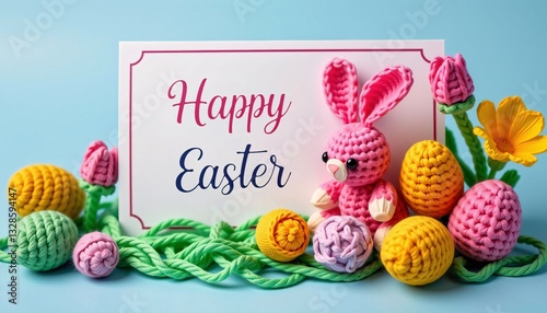 Obraz na płótnie Happy Easter Card, Crochet Bunny, Eggs, Flowers, Spring w salonie