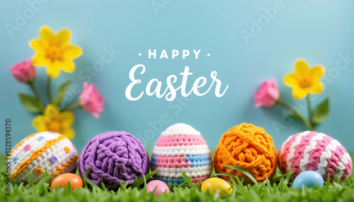 Obraz na płótnie Happy Easter Crochet Eggs, Flowers, Grass, Spring w salonie