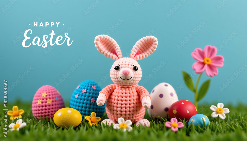 Happy Easter Crochet Bunny, Eggs, Flowers, Spring
