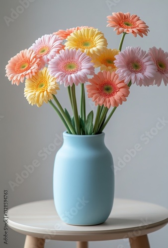 Wallpaper Mural Colorful bouquet of gerbera flowers in a blue vase on a wooden table, brightening up the indoor space with vibrant hues and soft lighting. Torontodigital.ca