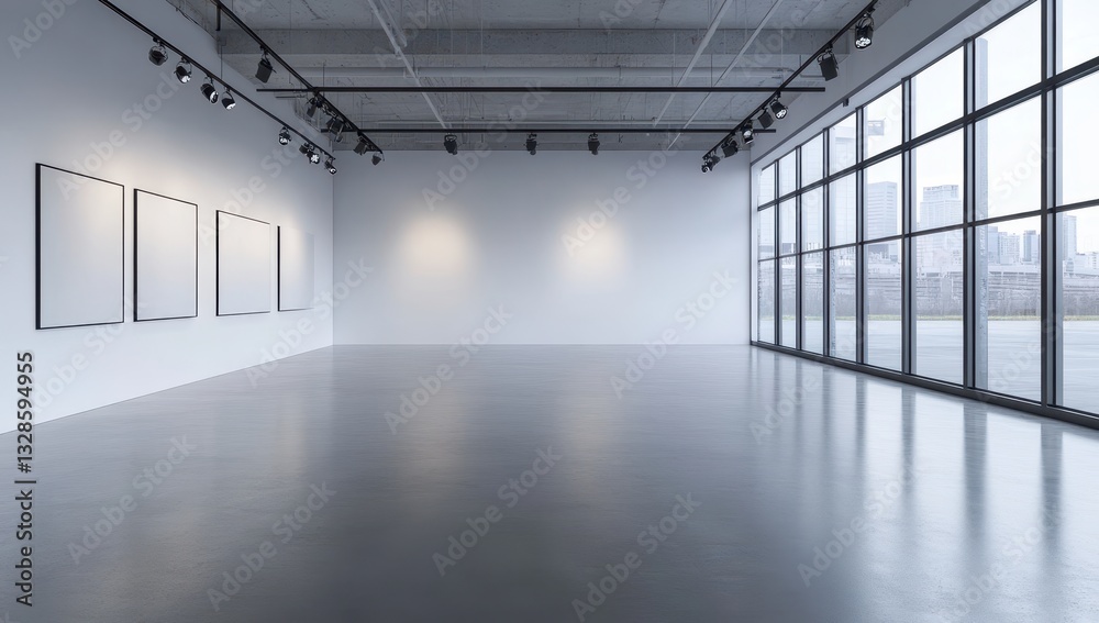 Fototapeta premium Modern art gallery with blank frames on the wall and large windows showcasing an urban skyline.