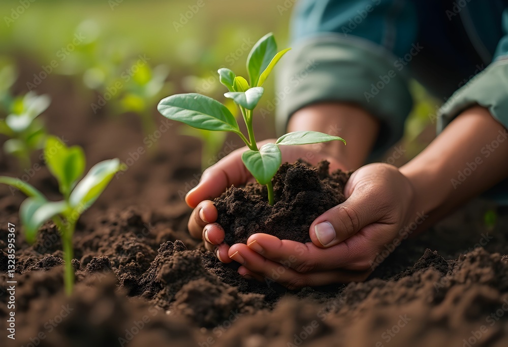 Hands gently nurturing a young plant in rich soil on a sunny day in a vibrant agricultural field during springtime Generative AI Hands gently nurturing a young plant in rich soil on a sunny day in a vibrant agricultural field during springtime Generative AI