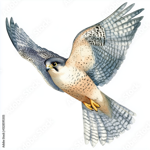 Illustration of the Peregrine Falcon in flight, soft watercolor tones, white background, detailed illustration, cartoonish.
