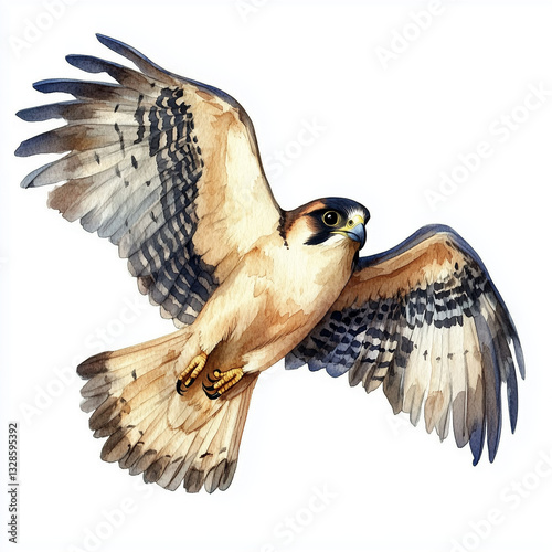 Illustration of the Peregrine Falcon in flight, soft watercolor tones, white background, detailed illustration, cartoonish.