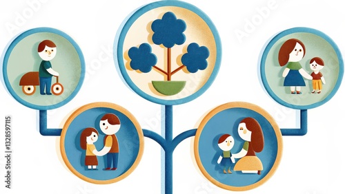 Pastel Family Tree Illustration Circular Frames, Simple Figures