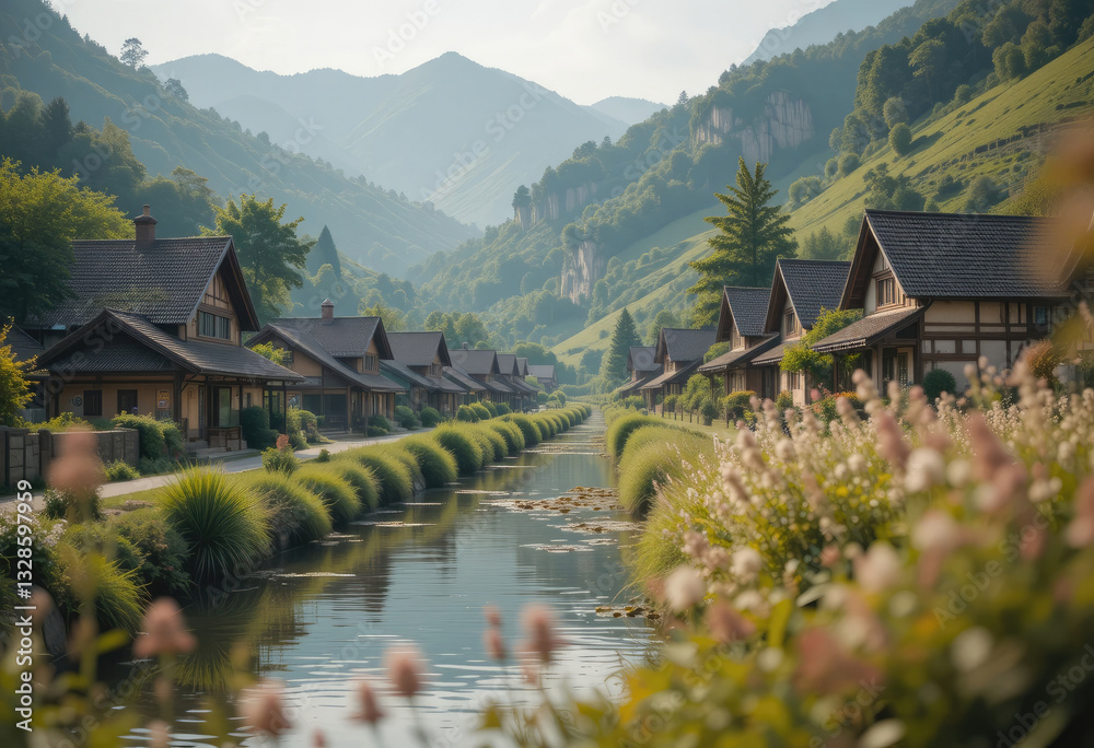Obraz premium Picturesque Village Along Canal in Valley with Mountains and Lush Vegetation